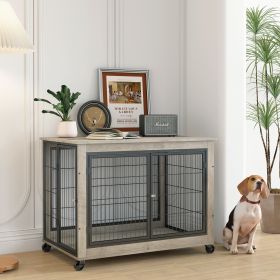 Furniture Style Dog Crate Side Table on Wheels with Double Doors and Lift Top. - Grey