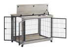 Furniture Style Dog Crate Side Table on Wheels with Double Doors and Lift Top. - Grey