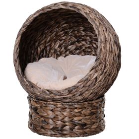 Simple Yet Practical Natural Braided Banana Leaf Elevated Cat Bed Basket With Cushion - Coffee - 23.5" H