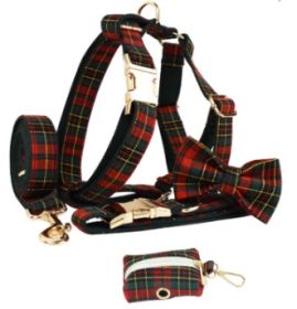 Christmas Pet Collar Plaid With Green Background Dog Rope Leash Suit (Option: Set Of Five-S)